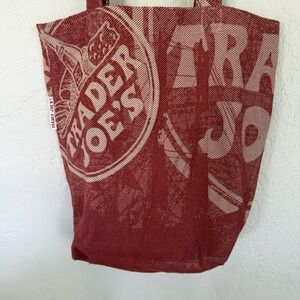 Trader Joes Vintage Tote Bag Cloth Red Natural Compass Logo Jacquard Fabric USA